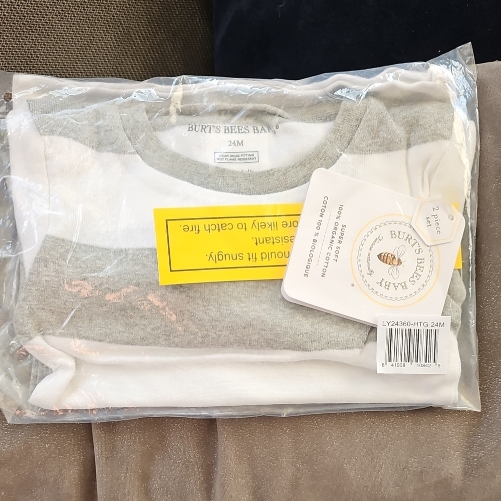 Burt's Bees PJ/Sleep Sack Bundle Baby Long Sleeve Rugby Striped Gray/White NWT